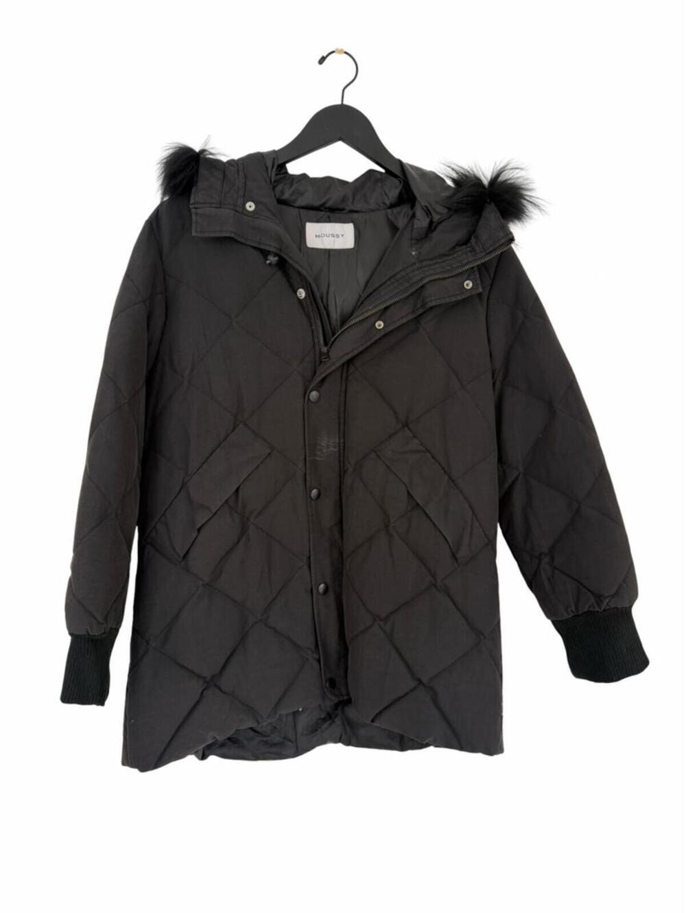 Moussy Black Quilted Jacket with Fur Hood